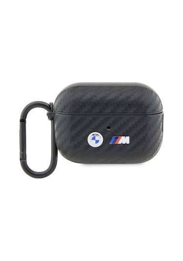 Airpods Pro 2 Uyumlu Kılıf Bmw Lisanslı Pu Karbon Fiber Tasarımlı Çift Metal Logolu Siyah