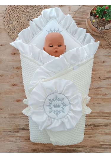 Yenidoğan Piramitland Soft Taç Nakışlı Bebek Battaniyesi Kundak Krem Çok Renkli