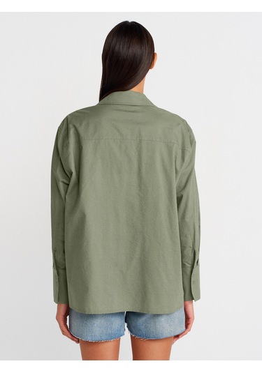 Dilvin 50497 Uzun Kollu Oversize Keten Gömlek-yeşil Yeşil