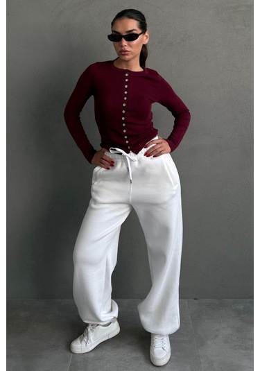 Ekru Geniş Paça Rahat Kalıp Lastikli Eşofman Altı Mg2581 Ekru