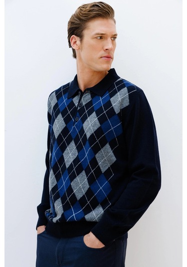 Desen Triko Erkek Polo Yaka Önü Baklava Desenli Yün Kazak 24513 Koyu Lacivert Koyu Lacivert