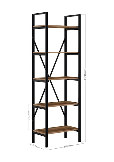 Ceramical 5 Raflı Metal Kitaplık Siyah Atlantik Çam 60 x 180 CM