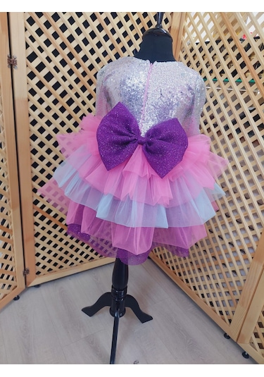 Uzun Kollu Barbie Elbise Rengarenk Pembe Gri