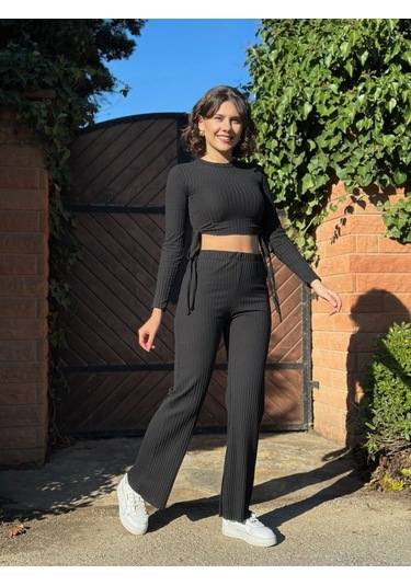 Sensuelle Kadın Yandan Bağlamalı Geniş Paçalı Fitil Kaşkorse İkili Takım Siyah