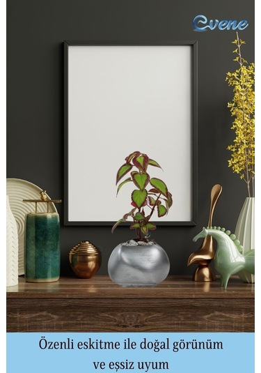 Saksı Çiçek Kaktüs Saksısı Lüx 14 Cm Elips Desen Saksı Çiçeklik - Gümüş Eskitme