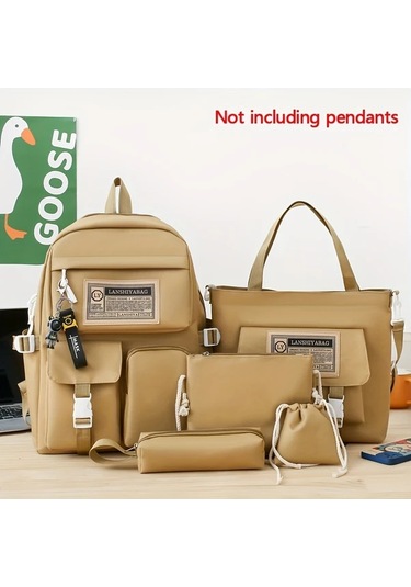 Honeybeeshop Haki 5 Adet Preppy Stil Okul Sırt Çantası Seti Tote Mesajcı Kalemlik Hediyeli