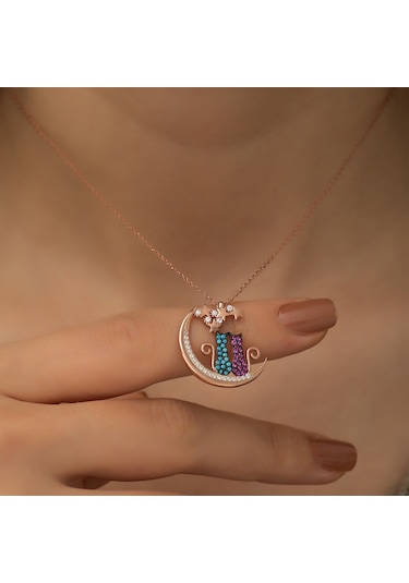 Ay Üstünde Oturan Aşık Çift Kedi Kolye Gümüş Kolye