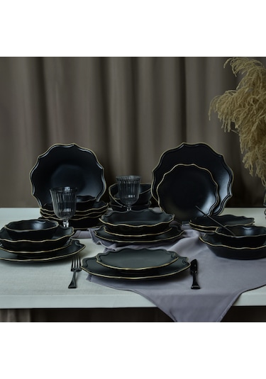 Keramika Mat Siyah Gold Fileli Romeo Yemek Takımı 24 Parça 6 Kişilik