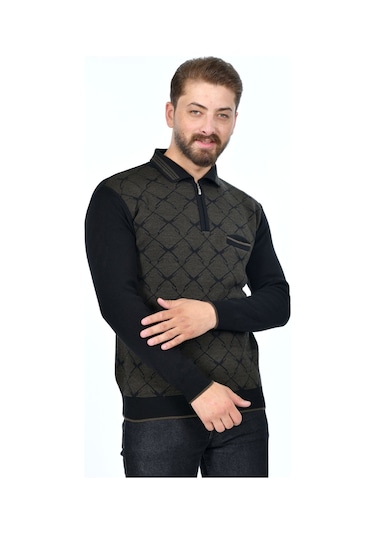 Kamalı Erkek Çelik Örgü Gömlek Yaka Cepli Fermuarlı Polo Yakalı Tüylenmeyen Triko Kışlık Baba Kazak Siyah