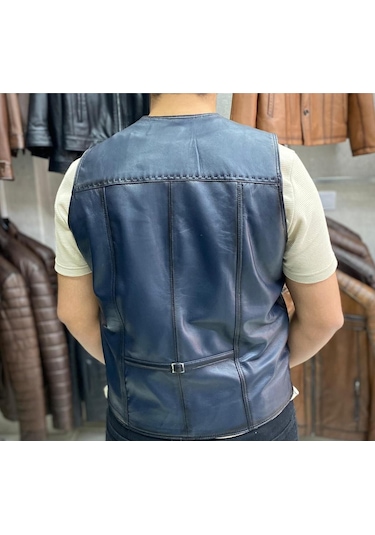 Hakiki Deri Lacivert Renk Yelek Slim Fit Kesim Lacivert