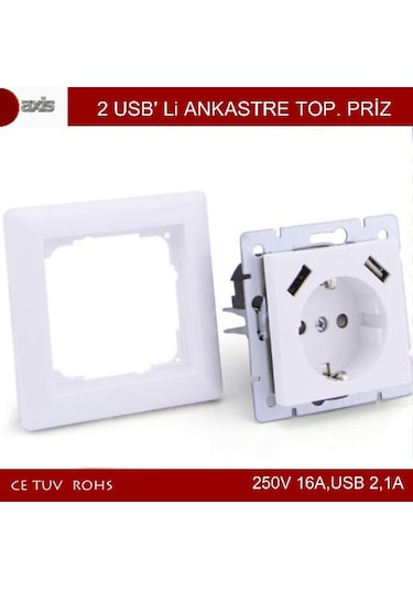 Axis Sıva Altı Topraklı Priz 16A + 2 Usb 23A