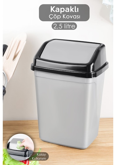 Kapaklı Plastik Çöp Kovası - Ev Ofis Banyo Mutfak Tezgah Üstü Çöp Kovası Gri 2,5 Litre Gri