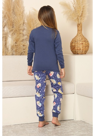 Kız Çocuk %100 Pamuk İnterlok Kumaş Pijama Takımı 6-15 Yaş 12421 Indigo