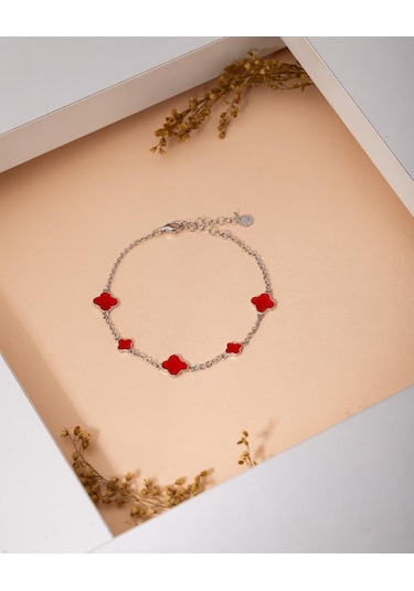 925 Ayar Rodyum Kırmızı Mineli Yonca Charm Gümüş Bileklik Rb10069