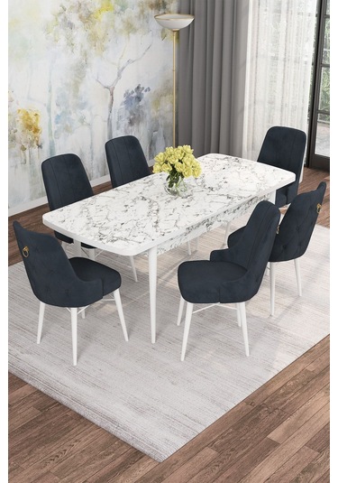 Mona Beyaz Mermer 80x132 Açılabilir Mdf Masa Yemek Odası Takımı, Mutfak Takımı 6 Adet Sandalye Beyaz Mermer - 6 Antrasit - Beyaz Ayak