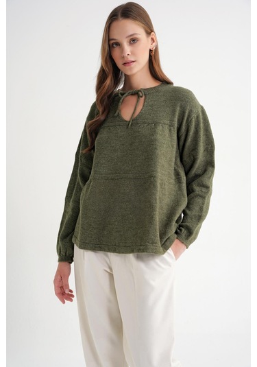 6950 Kadın Yakası Bağcıklı Pileli Triko Kazak Haki Haki