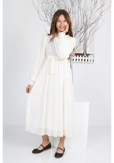 Kız Çocuk Uzun Boydan Pliseli Şifon Elbise Beyaz
