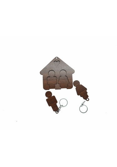 Ahşap Puzzle Tasarım Sevgili Çift Sevimli Ev Duvar Anahtarlık Kahverengi