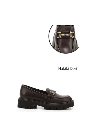 Gönderi R Kahve Antik Kalın Topuklu Tokalı Hakiki Deri Loafer Ayakkabı Kahve