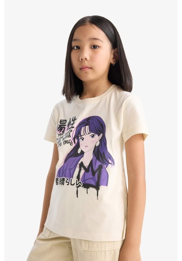 DeFacto Kız Çocuk Bisiklet Yaka Baskılı Kısa Kollu Tişört E0350A825SMER42 Ekru DeFacto Kız Çocuk Bisiklet Yaka Baskılı Kısa Kollu Tişört E0350A825SMER42 Ekru