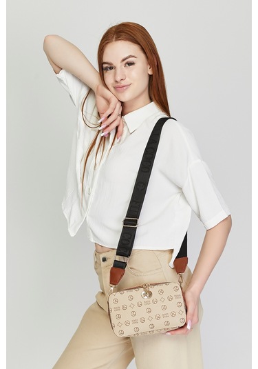 Morpelikan Bej Monogram İki Bölmeli Kadın Omuz Çantası Bej
