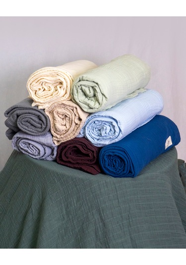 4 Katlı Müslin Yatak Örtüsü - Battaniye Pike %100 Organik Pamuk Dört Mevsim Yumuşak Çift Kişilik Açık Yeşil