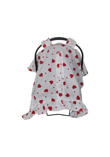 Bebek Puset Örtüsü Kalpli Puset Örtüsü Pamuklu Kumaş Fırfır Detay Çıt Çıtlı Puset Örtüsü Beyaz - Kırmızı