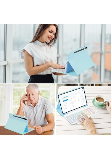 Jeemson Samsung Galaxy Uyumlu Tab S7/s8/s9/s9fe 11" İçin Mavi Kılıf + 7 Renkli Işıklı Bluetooth Klavye + Mouse Seti, Kalem Bölmeli, Çok Açı Desteği