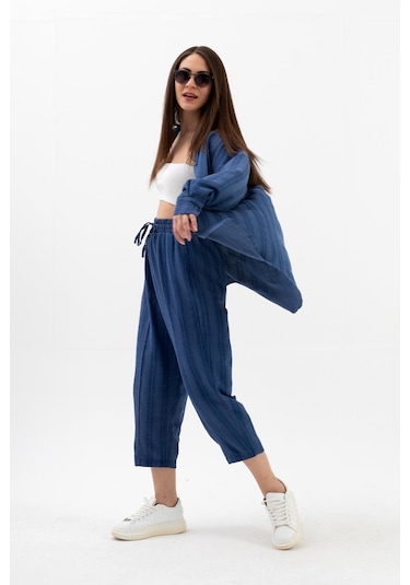 Krinkıl Kumaş Keten İkili Takım - İndigo-indigo İndigo