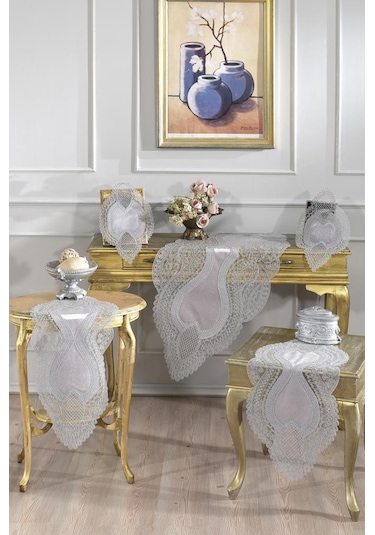 Fransız Güpürlü Kadife Yağmur Salon Takımı 5 Parça Gri Gri