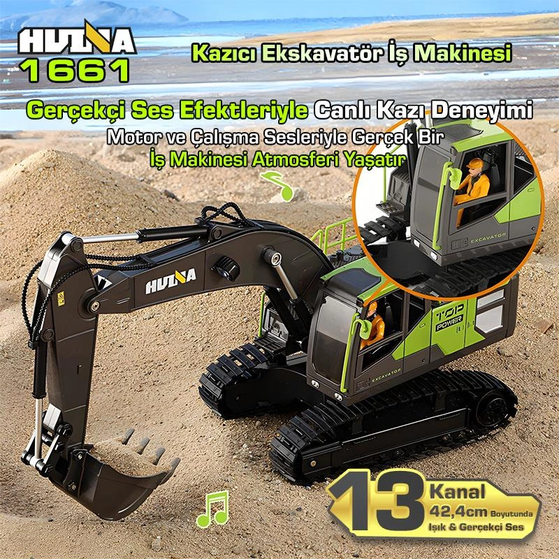 Huına 1661 1/18 13ch Kazıcı Ekskavatör İş Makinesi İnşaat Uzaktan Kumandalı Rc Model Metal Kepçeli - 2.4ghz Gerçekçi Similasyon Ses Ve Işık Sistemi