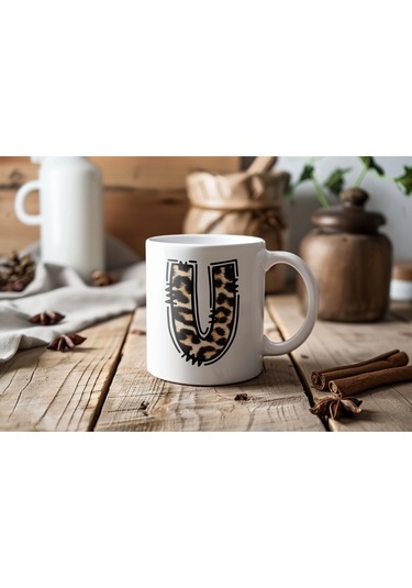 U Baş Harf Leopar Desenli Kupa Bardak - Kişiye Özel Feminen Konsept Hediye - Vahşi Hayvan Desenli Beyaz