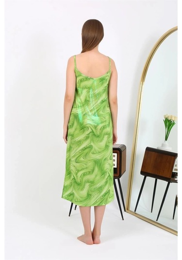 Giyim Kadın İp Askılı Uzun Parlak Micro Elbise Gecelik Yeşil Yeşil