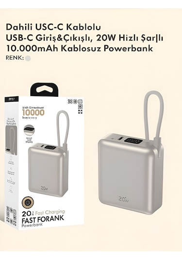 20w Hızlı Şarj Powerbank 10000mah Lcd Ekranlı, Dahili Type-c Girişli Kablolu Taşınabilir Şarj Rose Gold