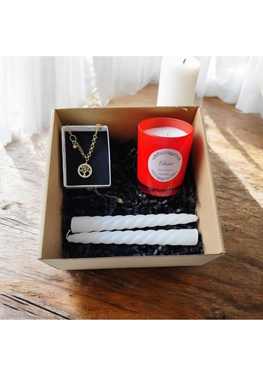Denic Hediye Seti Kokulu Kırmızı Bardak Mum Yaşam Agacı Kolye Beyaz Burgulu Mum
