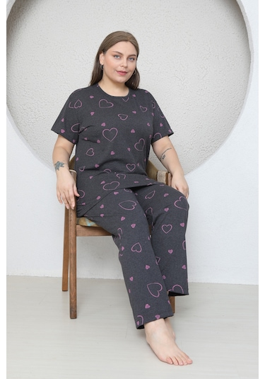 Fames Pijama Büyük Beden Pembe Kalp Desenli Pijama Takim Koyu Füme
