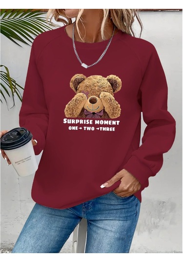 Leyla Sanat Sanata Yeni Bir Bakış Açısı Kadın Uzun Kollu Bisiklet Yaka Ayıcık Desenli Viskon Iki Iplik Bluz Bordo