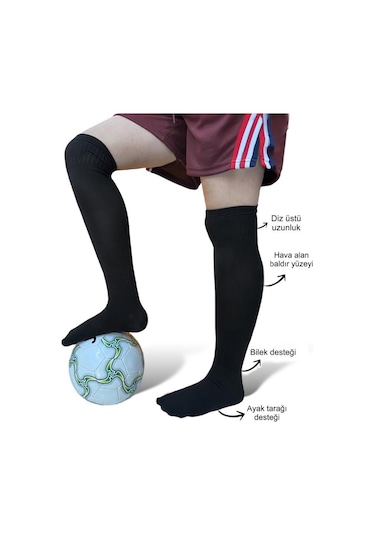 Yetişkin Profesyonel Baldır Fileli Siyah Futbol Çorabı Tozluk Halı Saha Çorabı Konç 40-46 - Siyah