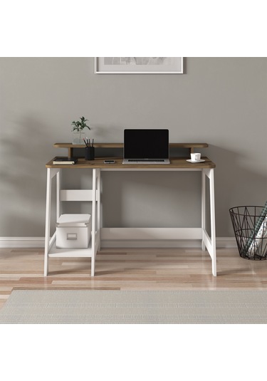 Country Ergonomik Çalışma Masası, Modern Bilgisayar Masası - Beyaz/Antik Ceviz