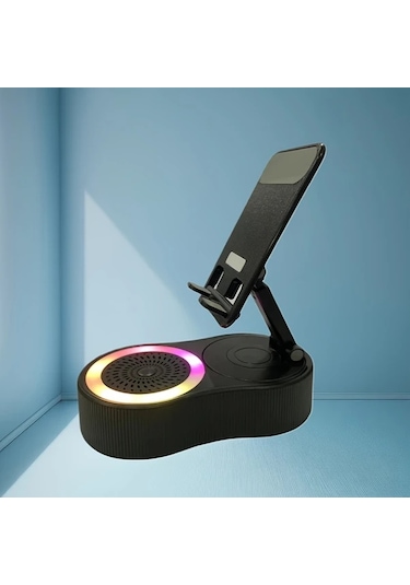 Fochsia Kablosuz Hoparlör Ve Power Banklı Katlanır Siyah Telefon Tutucu Siyah
