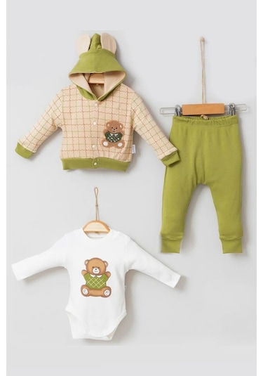 Bear Çizgili % 100 Pamuk Hırkalı 3'lü Bebek Takımı