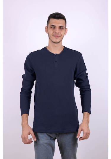 Trender Düğmeli Waffle İndigo Erkek Sweatshirt 5070 İndigo