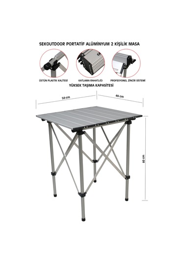 Sekoutdoor Alüminyum Katlanır Masa 2 Kişilik Gri