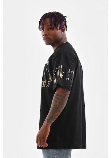 Unisex Bisiklet Yaka Baskılı Oversize T-shirt - Siyah Çok Renkli