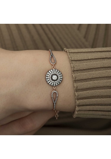 925 Ayar Gümüş Rose Elmas Montür Çiçek Bileklik Gümüş - Rose