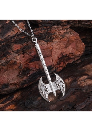 Viking Desenli Çift Taraflı Balta Erkek Kolye İskandinav Takı