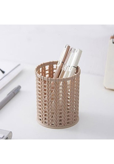 Yaratıcı Rattan Plastik Kalem Tutucu Içi Boş Kutular Öğrenci Masaüstü Ofis Kırtasiye Kova Kalem Bej