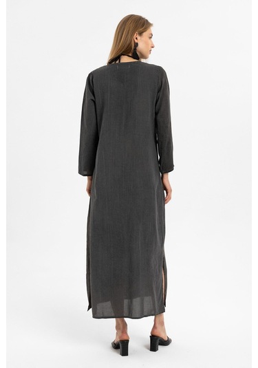 Siyah İşlemeli Uzun Kollu Astarsız Pamuklu Uzun Elbise-siyah Siyah