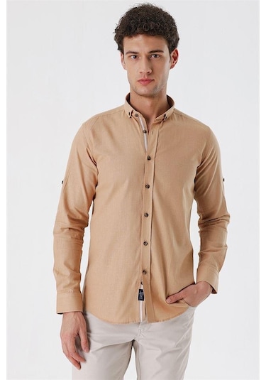 Camel Kısalabilir Kollu Cepsiz Biyeli %100 Pamuk Casual Slim Fit Dar Kesim Gömlek 1004230179-camel Camel