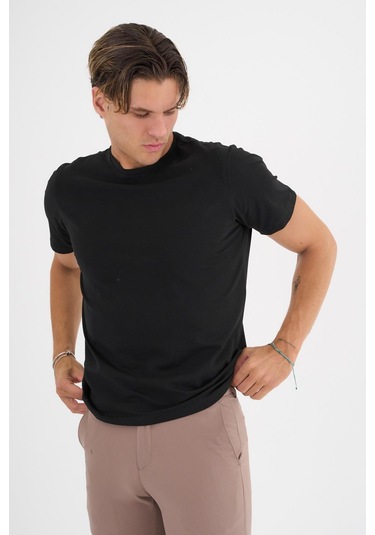 Erkek Siyah %100 Pamuklu Standart Kalıp Likralı Basic T-shirt Siyah